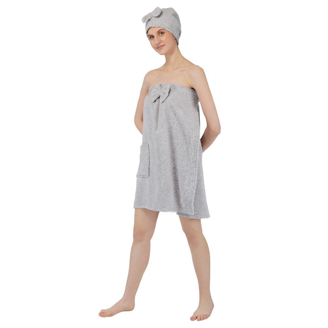 Women Cotton Body Wrap Bath Towel With Shower Cap - Grey - Rangoli