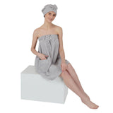 Women Cotton Body Wrap Bath Towel With Shower Cap - Grey - Rangoli