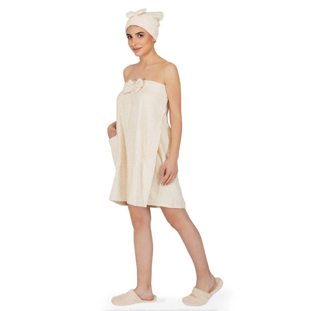 Women Cotton Body Wrap Bath Towel With Shower Cap - OFF WHITE