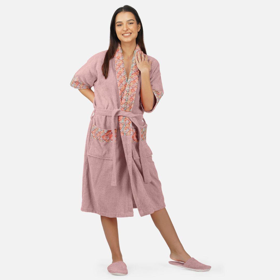 Sunshine 500 GSM Cotton Bathrobe For Women with Matching Slippers - Rangoli