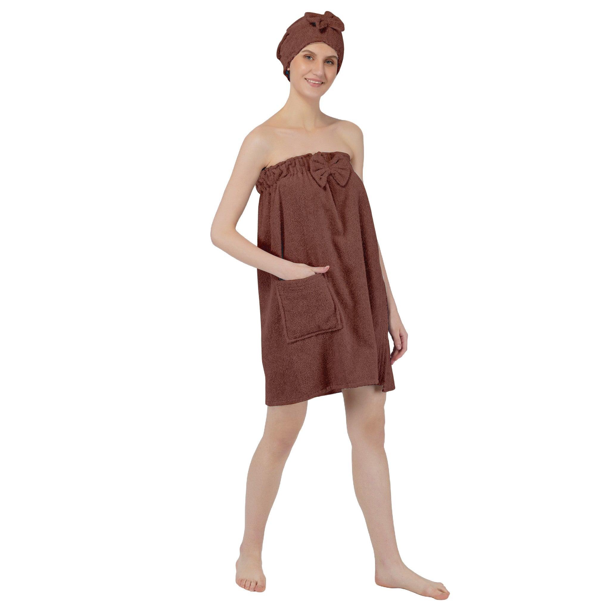 Women Cotton Body Wrap Bath Towel With Shower Cap - Brown