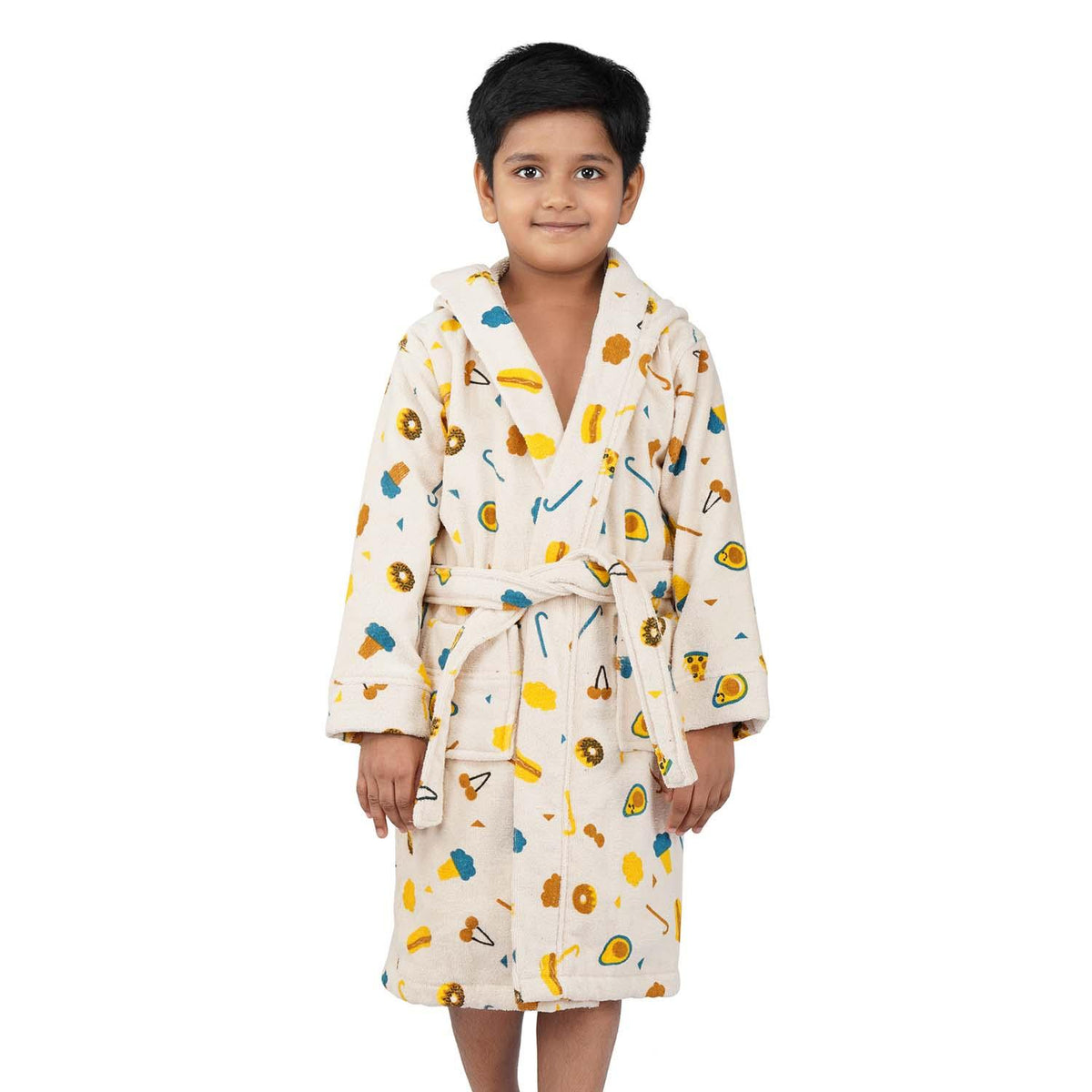 Rangoli Kids Cotton Bathrobe 400 GSM (Pizza Design) for Girls and Boys