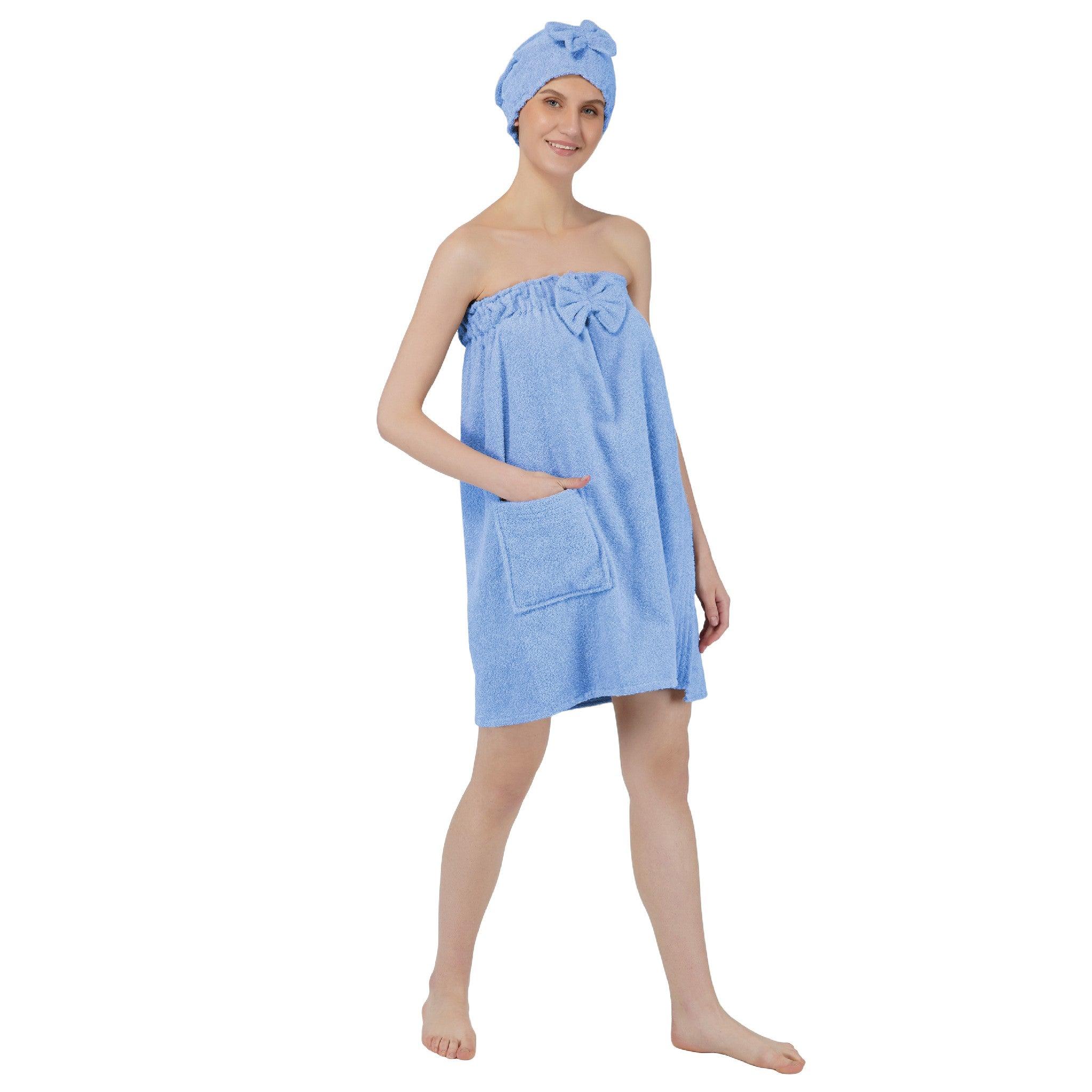 Women Cotton Body Wrap Bath Towel With Shower Cap - Blue - Rangoli