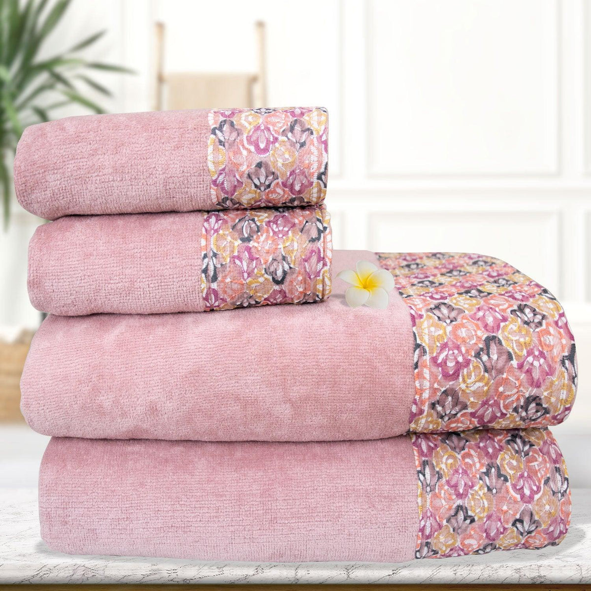 Prima Lace 100% Cotton Bath and Hand Towel Set of 4 | Ultra Soft, Highly Absorbent Luxurious Towels - Rangoli