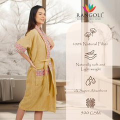 Rangoli Sunshine 500 GSM Cotton Bathrobe For  Women with Matching Slippers