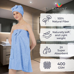 Rangoli Women Cotton Body Wrap Bath Towel With Shower Cap