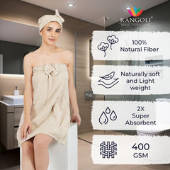 Rangoli Women Cotton Body Wrap Bath Towel With Shower Cap