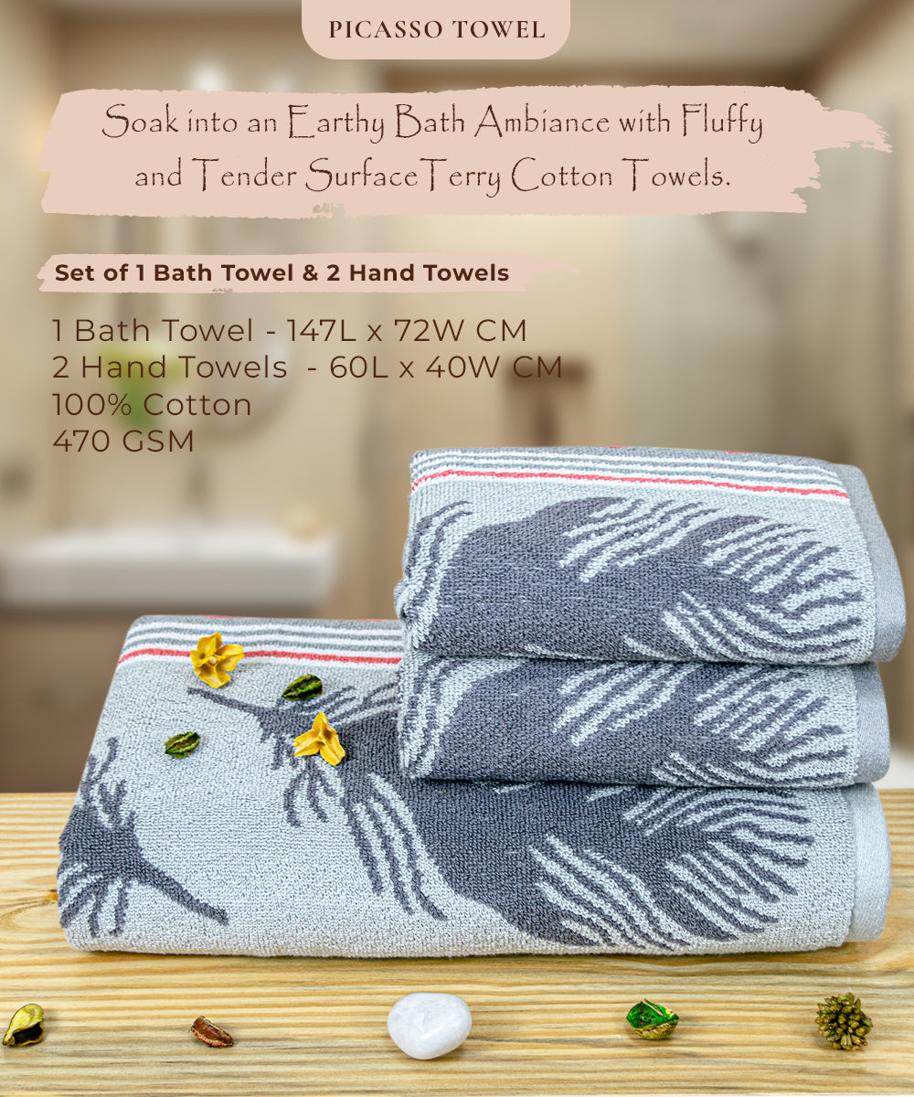 Picasso 100% Cotton Bath Towel Set of 3, 470 GSM (1 Bath & 2 Hand)