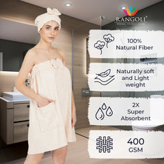 Rangoli Women Cotton Body Wrap Bath Towel With Shower Cap