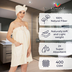 Rangoli Women Cotton Body Wrap Bath Towel With Shower Cap