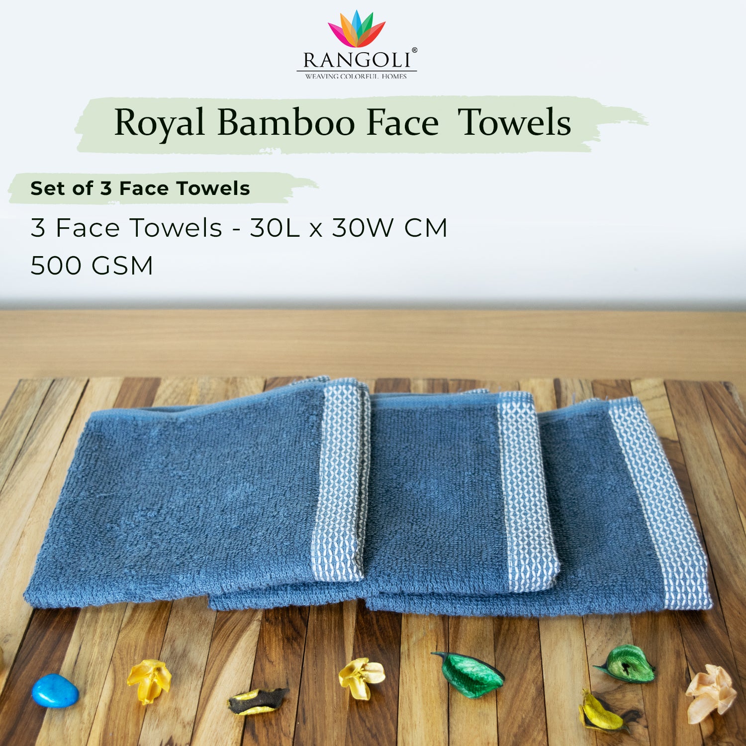 Rangoli  100% Bamboo Face Towel |  Set of 3, 500 GSM