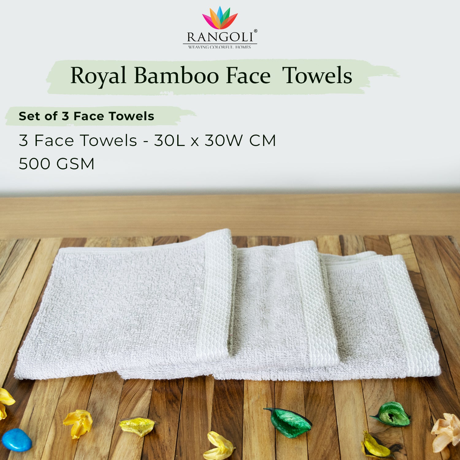 Rangoli  100% Bamboo Face Towel |  Set of 3, 500 GSM