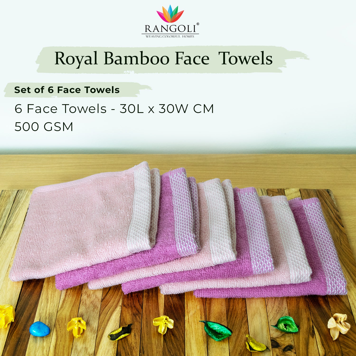 Rangoli  100% Bamboo Face Towel |  Set of 6, 500 GSM (Multi)