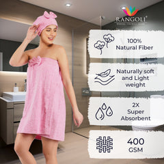 Rangoli Women Cotton Body Wrap Bath Towel With Shower Cap