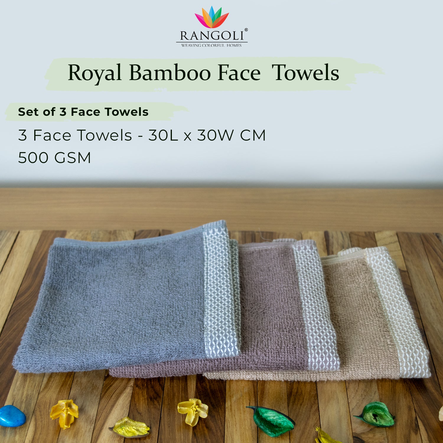 Rangoli  100% Bamboo Face Towel |  Set of 3, 500 GSM (Multi)