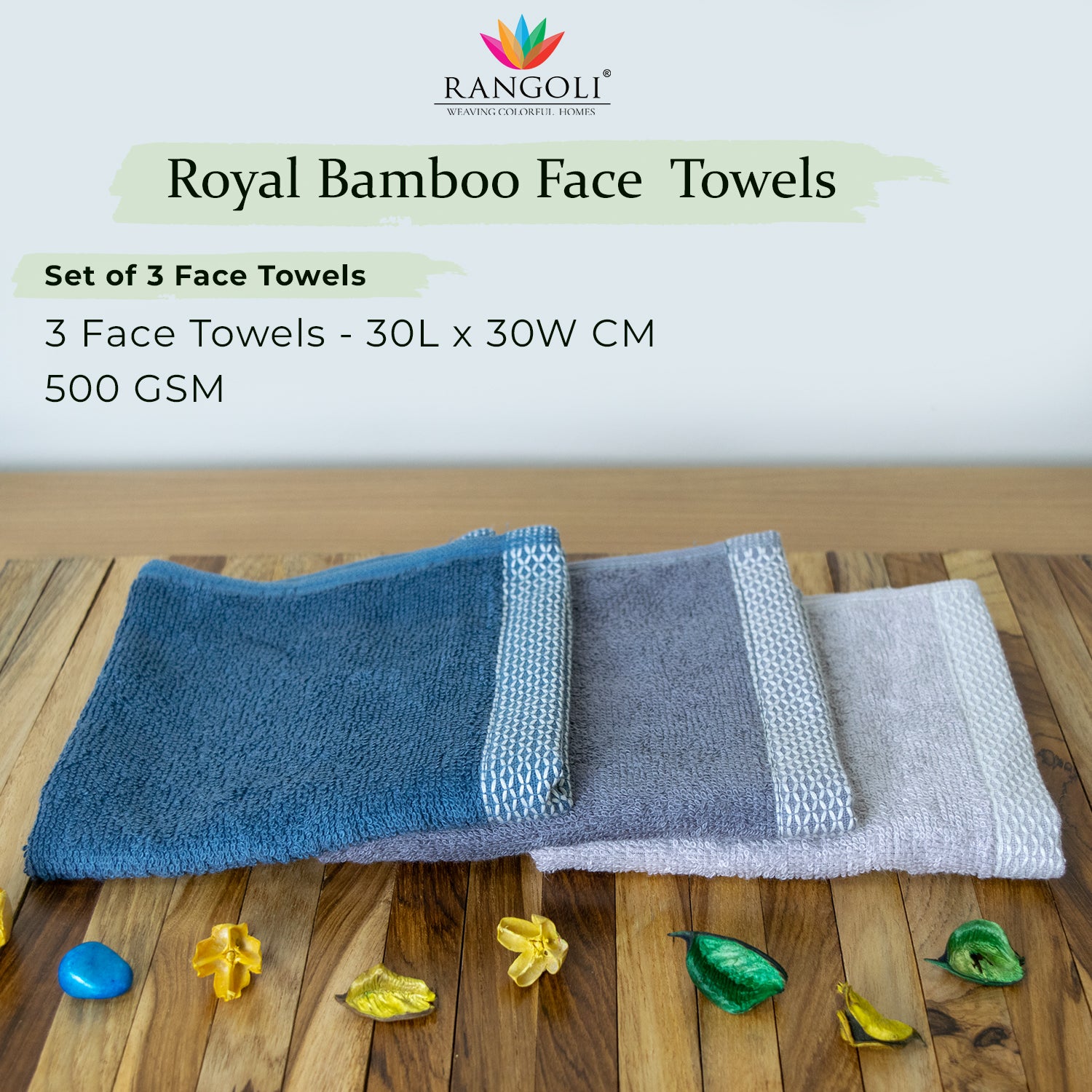 Rangoli  100% Bamboo Face Towel |  Set of 3, 500 GSM (Multi)