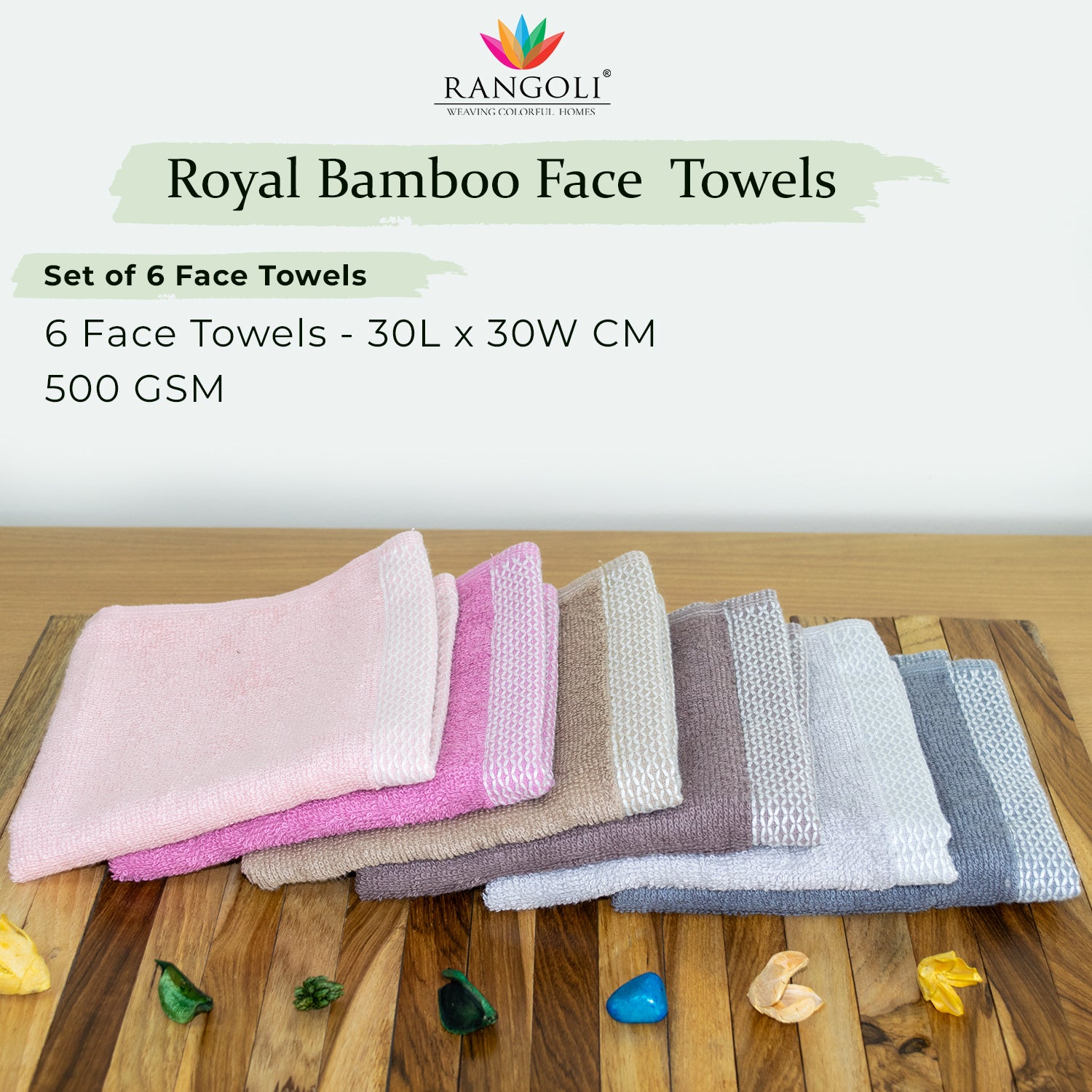 Rangoli  100% Bamboo Face Towel |  Set of 6, 500 GSM (Multi)