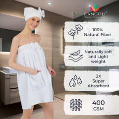 Rangoli Women Cotton Body Wrap Bath Towel With Shower Cap