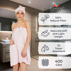 Rangoli Women Cotton Body Wrap Bath Towel With Shower Cap