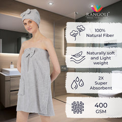 Rangoli Women Cotton Body Wrap Bath Towel With Shower Cap