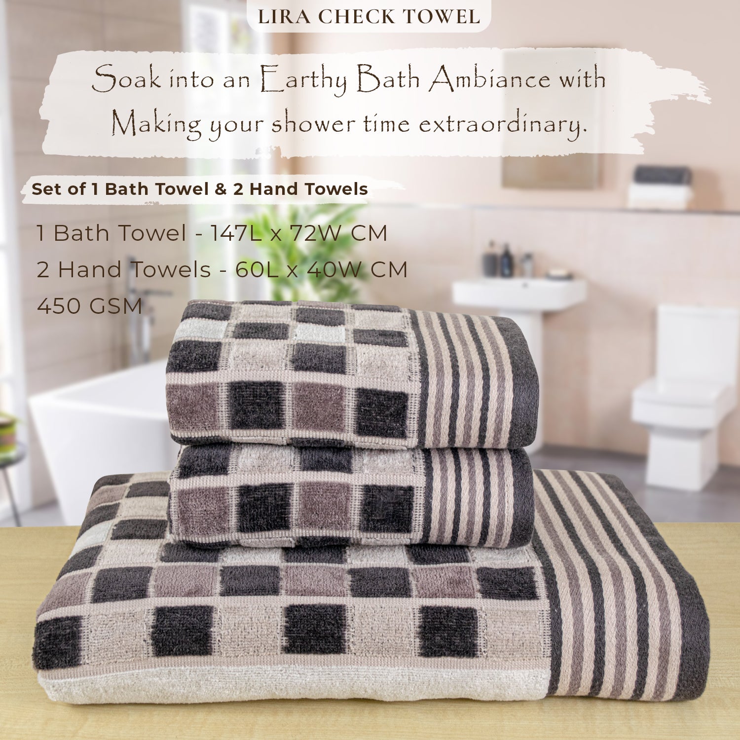 Rangoli Lira Check 100% Cotton Bath Towel & Hand Towel set of 3, 450 GSM (147L X 72W)