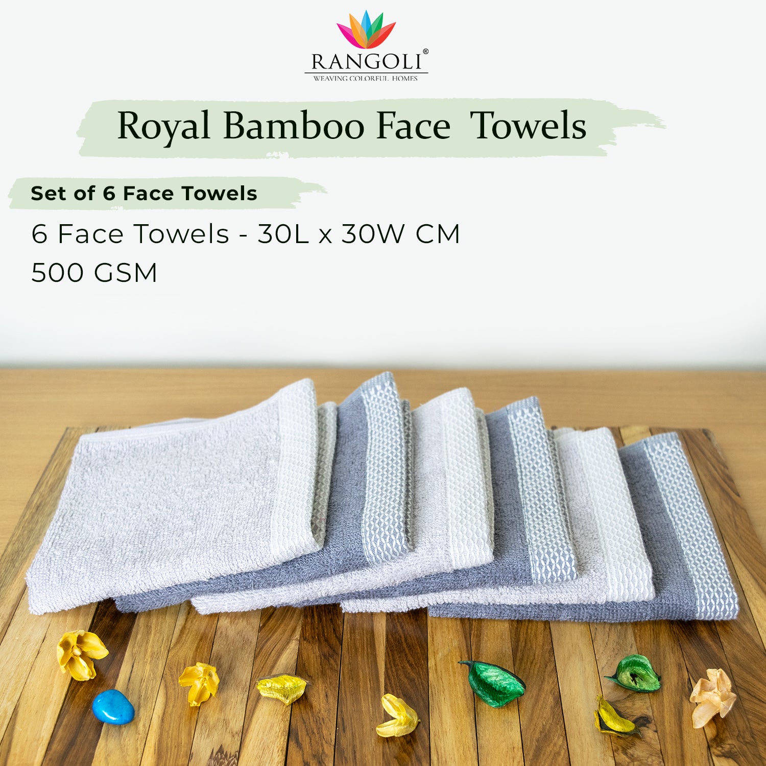 Rangoli  100% Bamboo Face Towel |  Set of 6, 500 GSM (Multi)