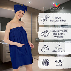 Rangoli Women Cotton Body Wrap Bath Towel With Shower Cap