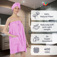 Rangoli Women Cotton Body Wrap Bath Towel With Shower Cap