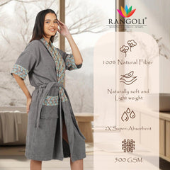 Rangoli Sunshine 500 GSM Cotton Bathrobe For  Women with Matching Slippers