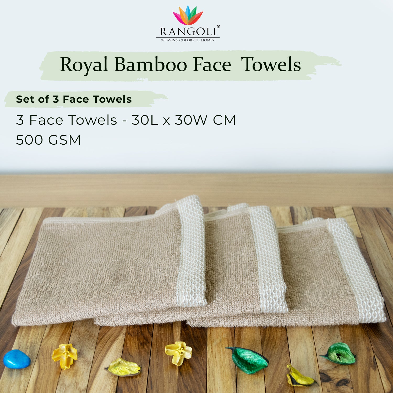 Rangoli  100% Bamboo Face Towel |  Set of 3, 500 GSM