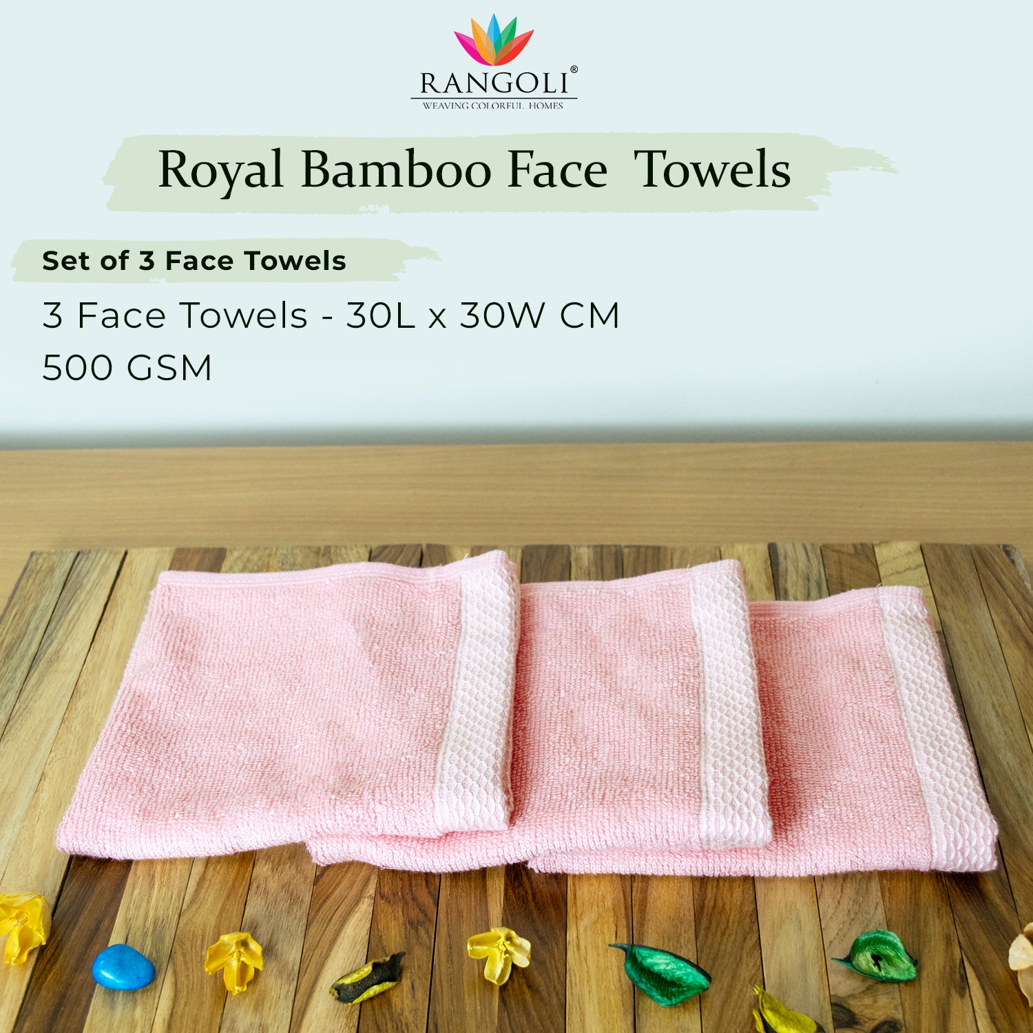 Rangoli  100% Bamboo Face Towel |  Set of 3, 500 GSM