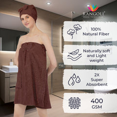 Rangoli Women Cotton Body Wrap Bath Towel With Shower Cap