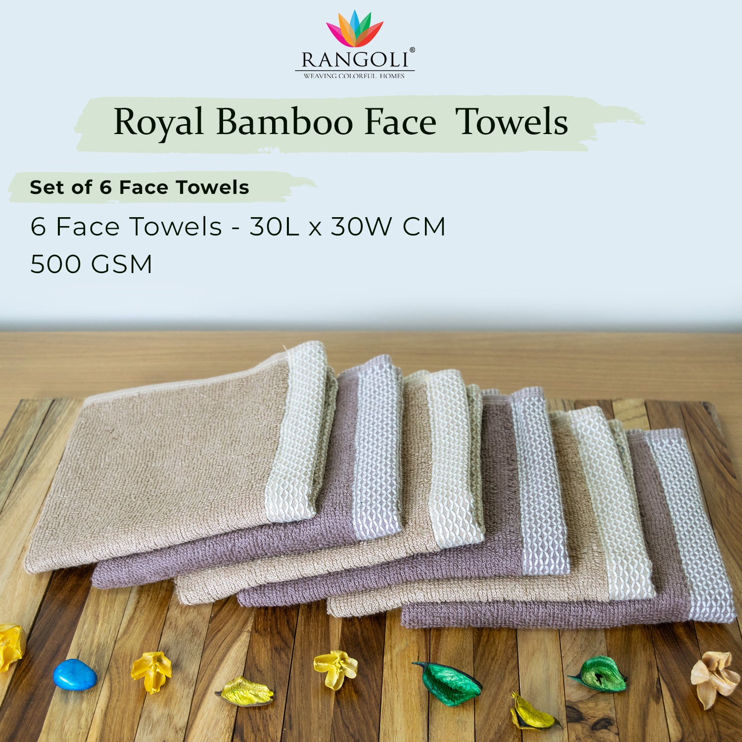 Rangoli  100% Bamboo Face Towel |  Set of 6, 500 GSM (Multi)