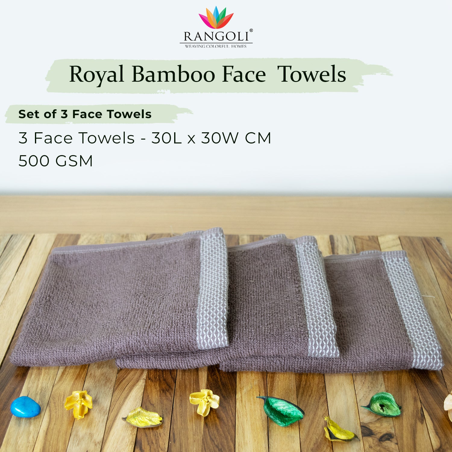 Rangoli  100% Bamboo Face Towel |  Set of 3, 500 GSM