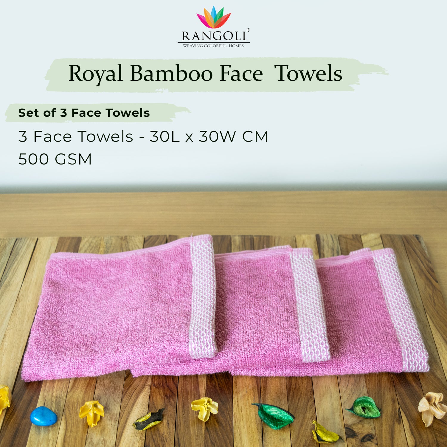 Rangoli  100% Bamboo Face Towel |  Set of 3, 500 GSM