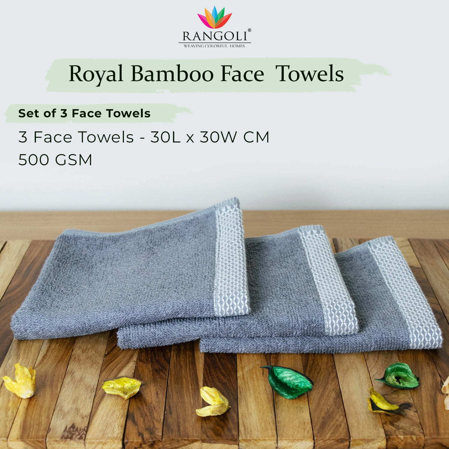 Rangoli  100% Bamboo Face Towel |  Set of 3, 500 GSM