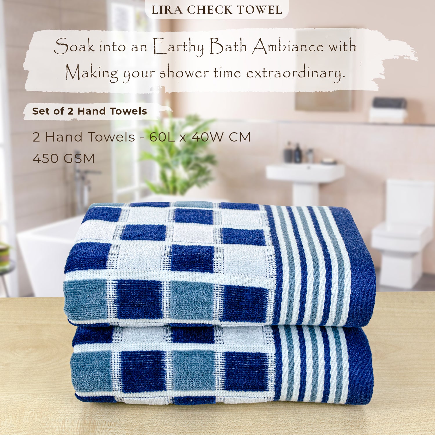 Rangoli Lira Check 100% Cotton Hand Towel Set of 3, 450 GSM