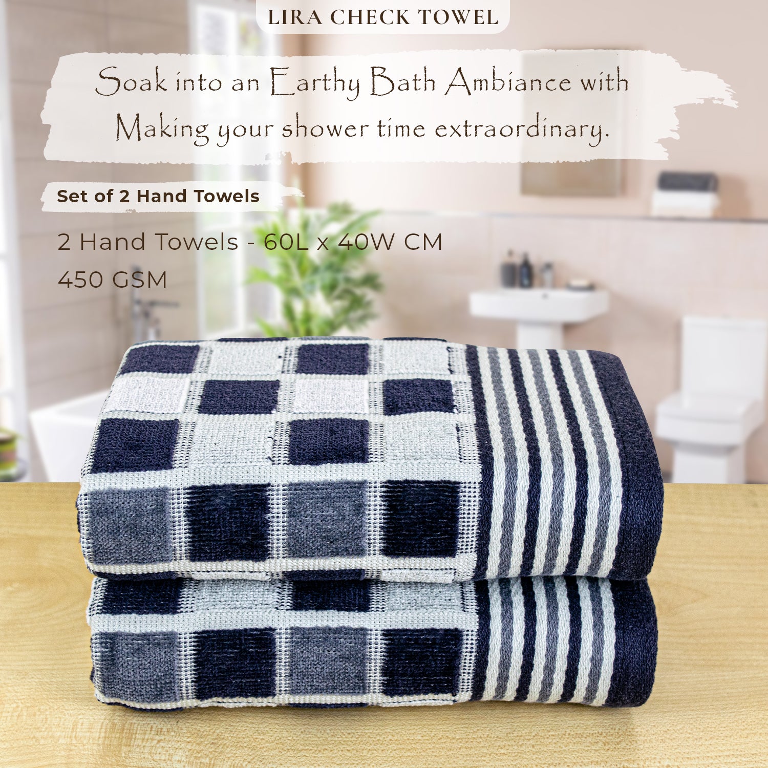 Rangoli Lira Check 100% Cotton Hand Towel Set of 2, 450 GSM