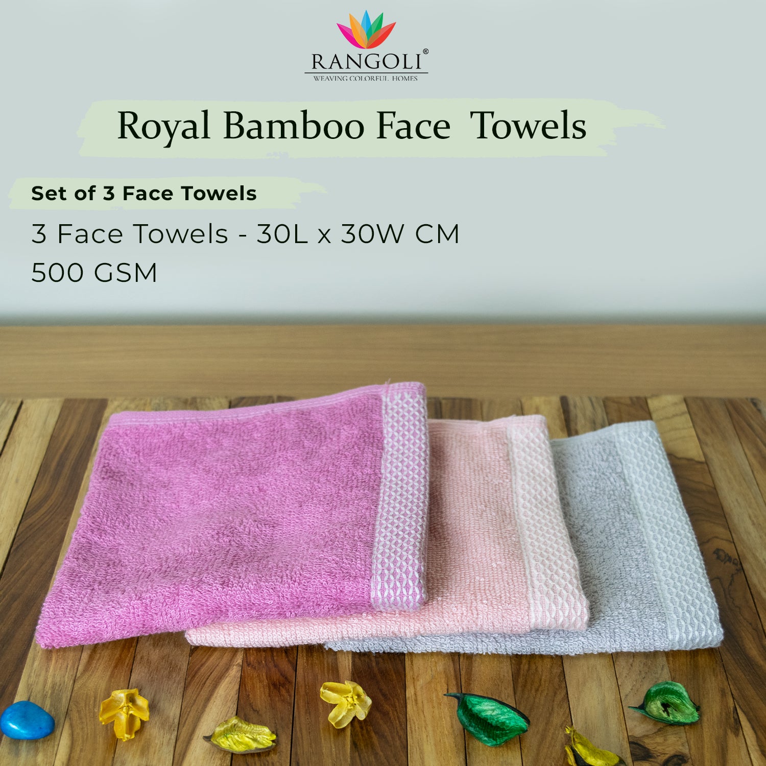 Rangoli  100% Bamboo Face Towel |  Set of 3, 500 GSM (Multi)