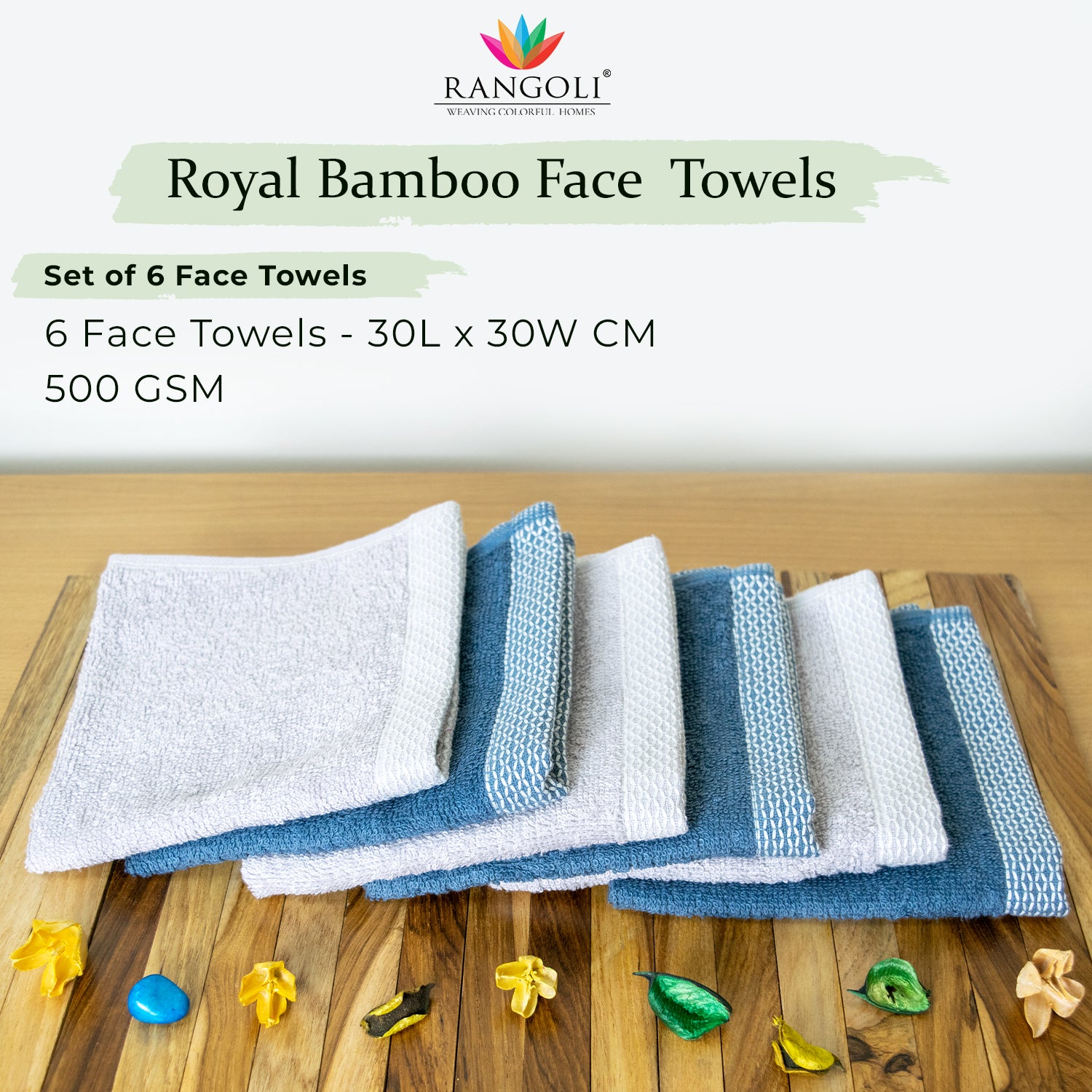 Rangoli  100% Bamboo Face Towel |  Set of 6, 500 GSM (Multi)