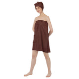 Women Cotton Body Wrap Bath Towel With Shower Cap - Brown