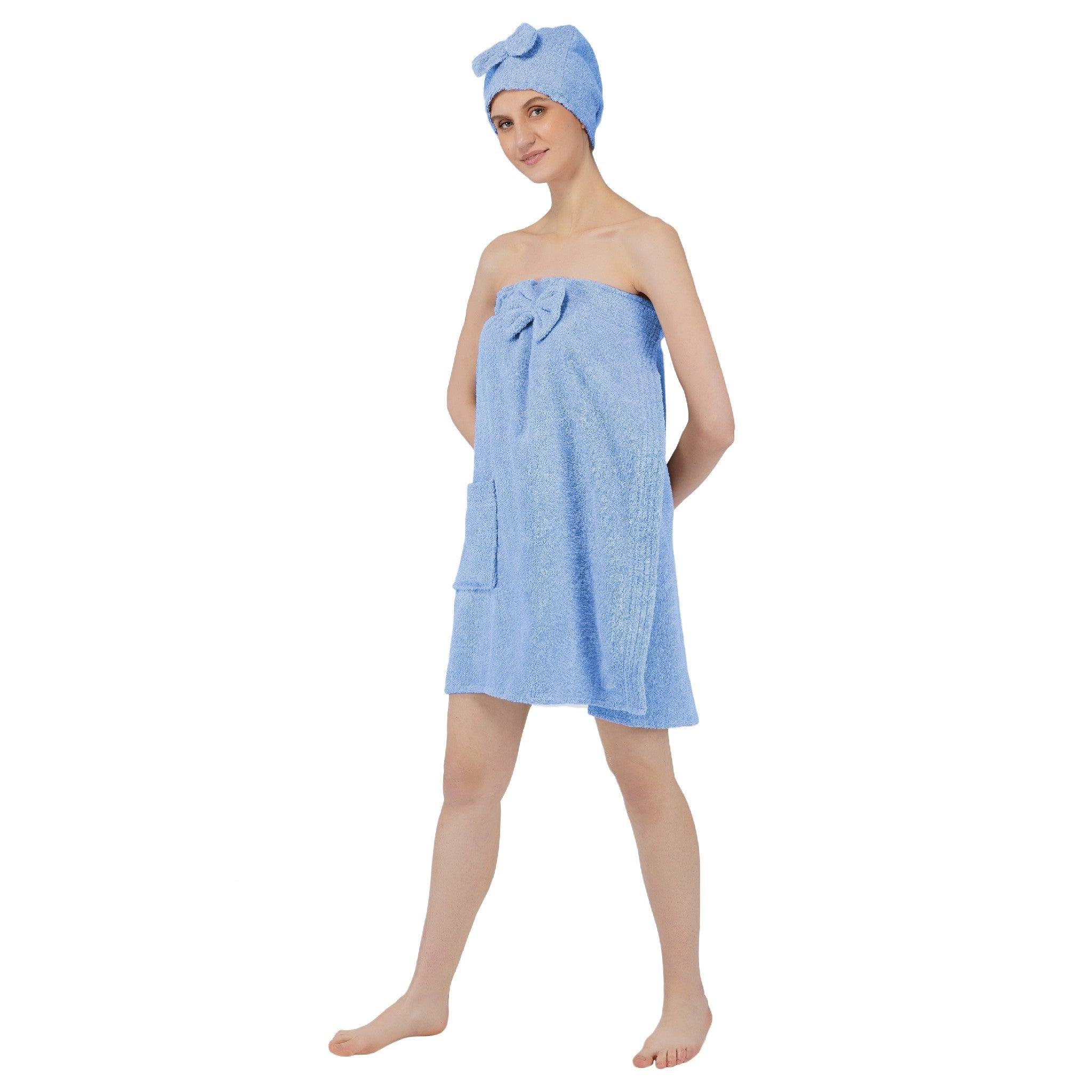 Women Cotton Body Wrap Bath Towel With Shower Cap - Blue