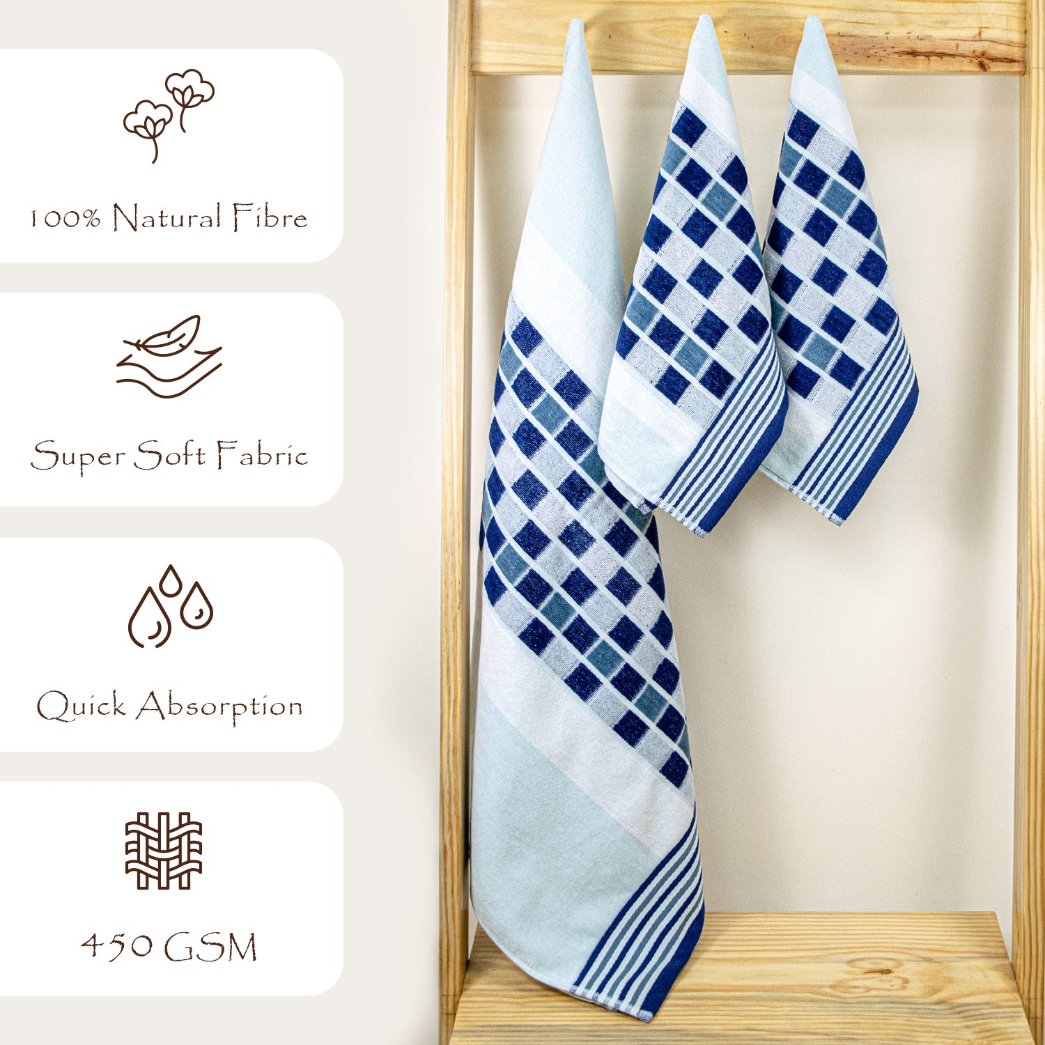 Rangoli Lira Check 100% Cotton Bath Towel & Hand Towel set of 3, 450 GSM (147L X 72W)