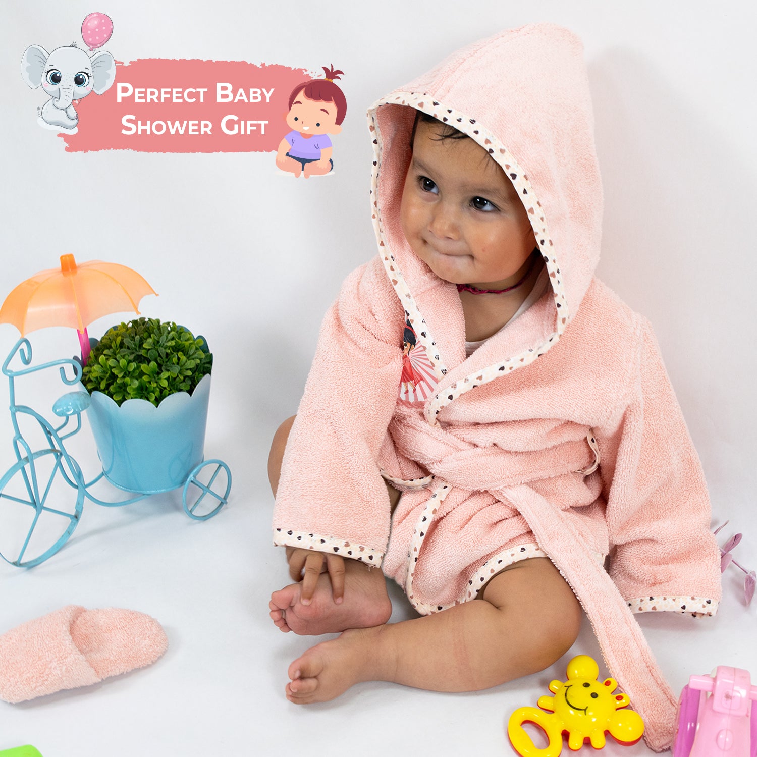 Rangoli Baby Bathrobe Ultra Soft With Matching Slipper, full Sleeves And Attached Adjustable Belt