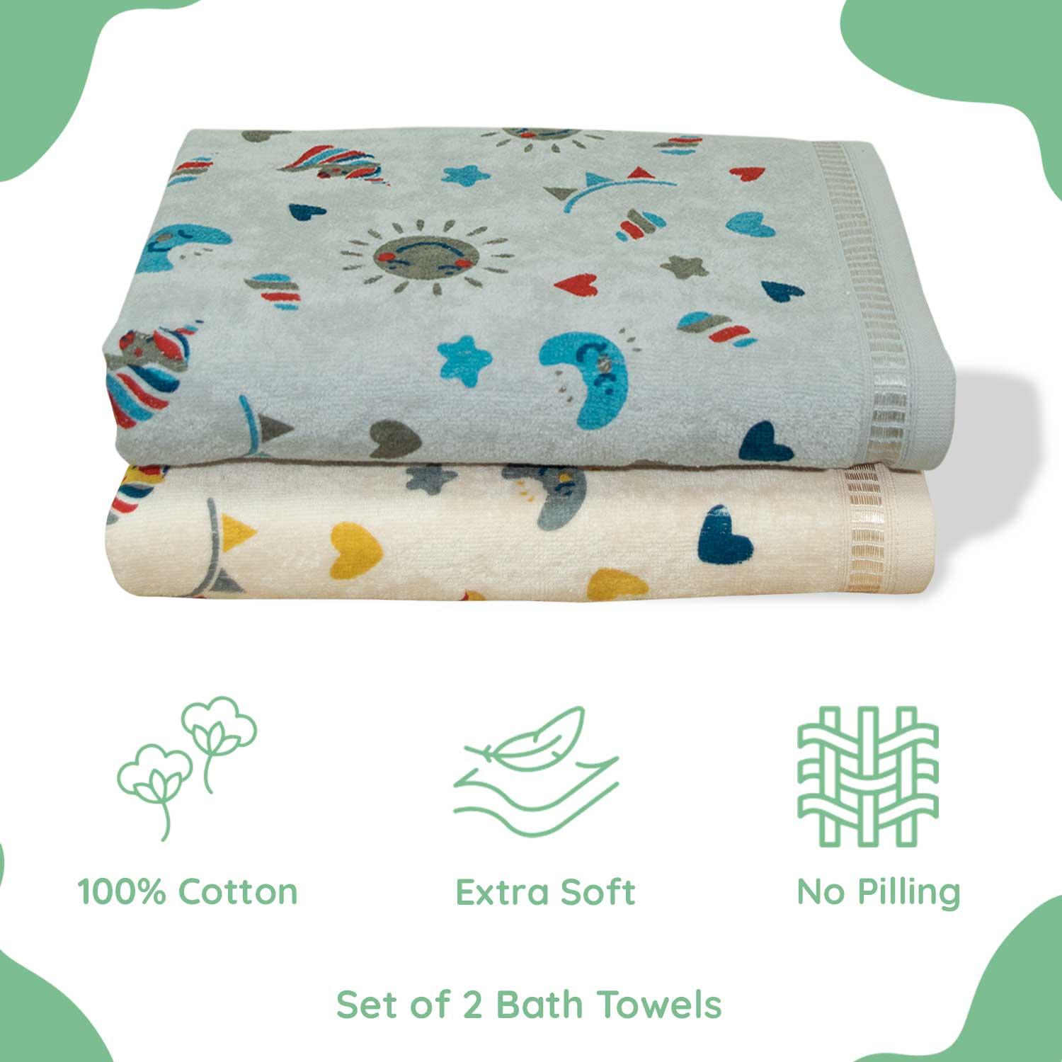 Rangoli Kids Unicorn Printed Cotton Bath Towel Set of 2 | Anti-Bacterial, Ultra Soft Towels for Girls and Boys (Grey and Beige) - Rangoli