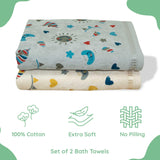 Rangoli Kids Unicorn Printed Cotton Bath Towel Set of 2 | Anti-Bacterial, Ultra Soft Towels for Girls and Boys (Grey and Beige) - Rangoli