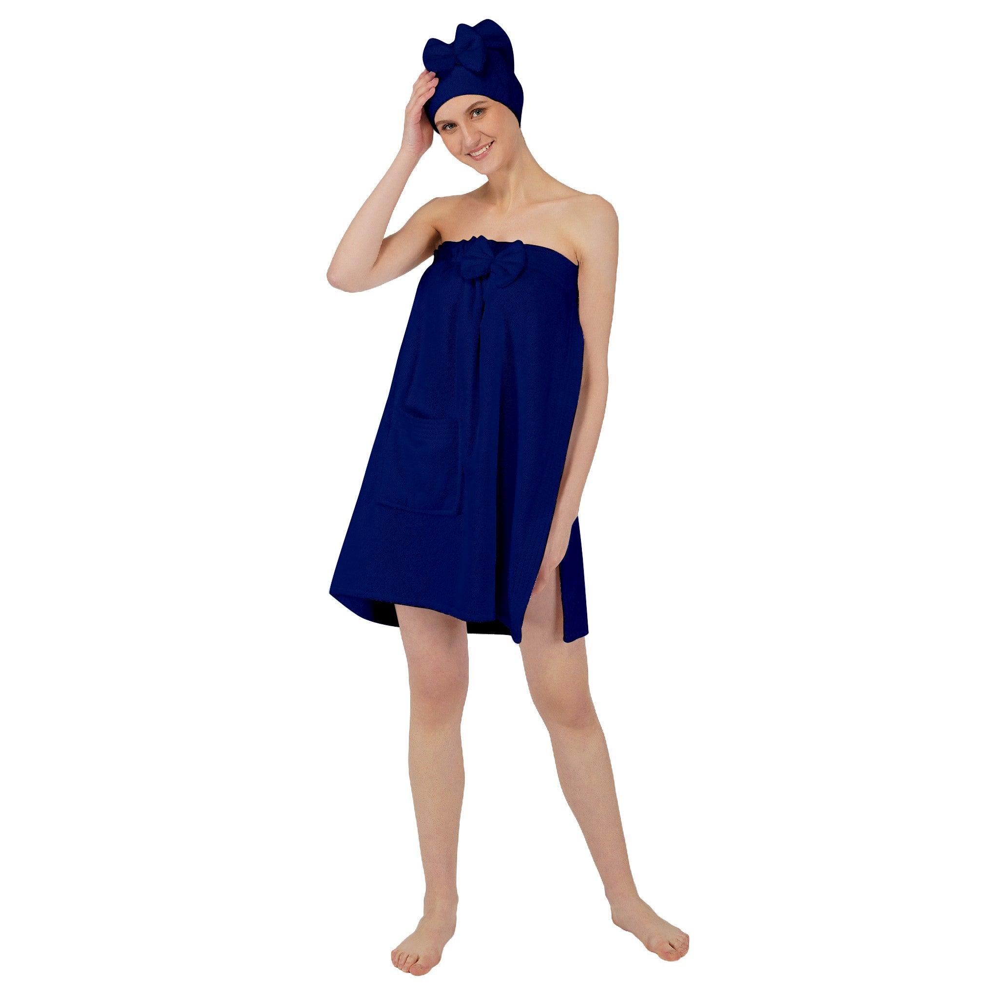 Women Cotton Body Wrap Bath Towel With Shower Cap - Navy - Rangoli
