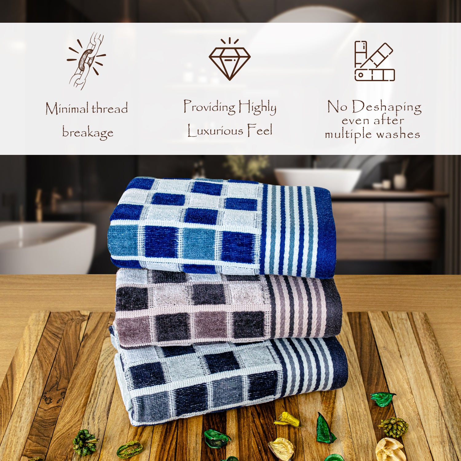 Rangoli Lira Check 100% Cotton Hand Towel Set of 3, 450 GSM