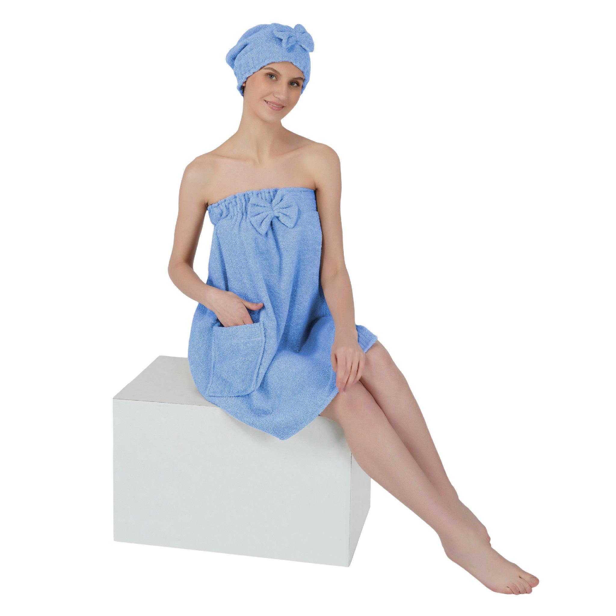 Women Cotton Body Wrap Bath Towel With Shower Cap - Blue