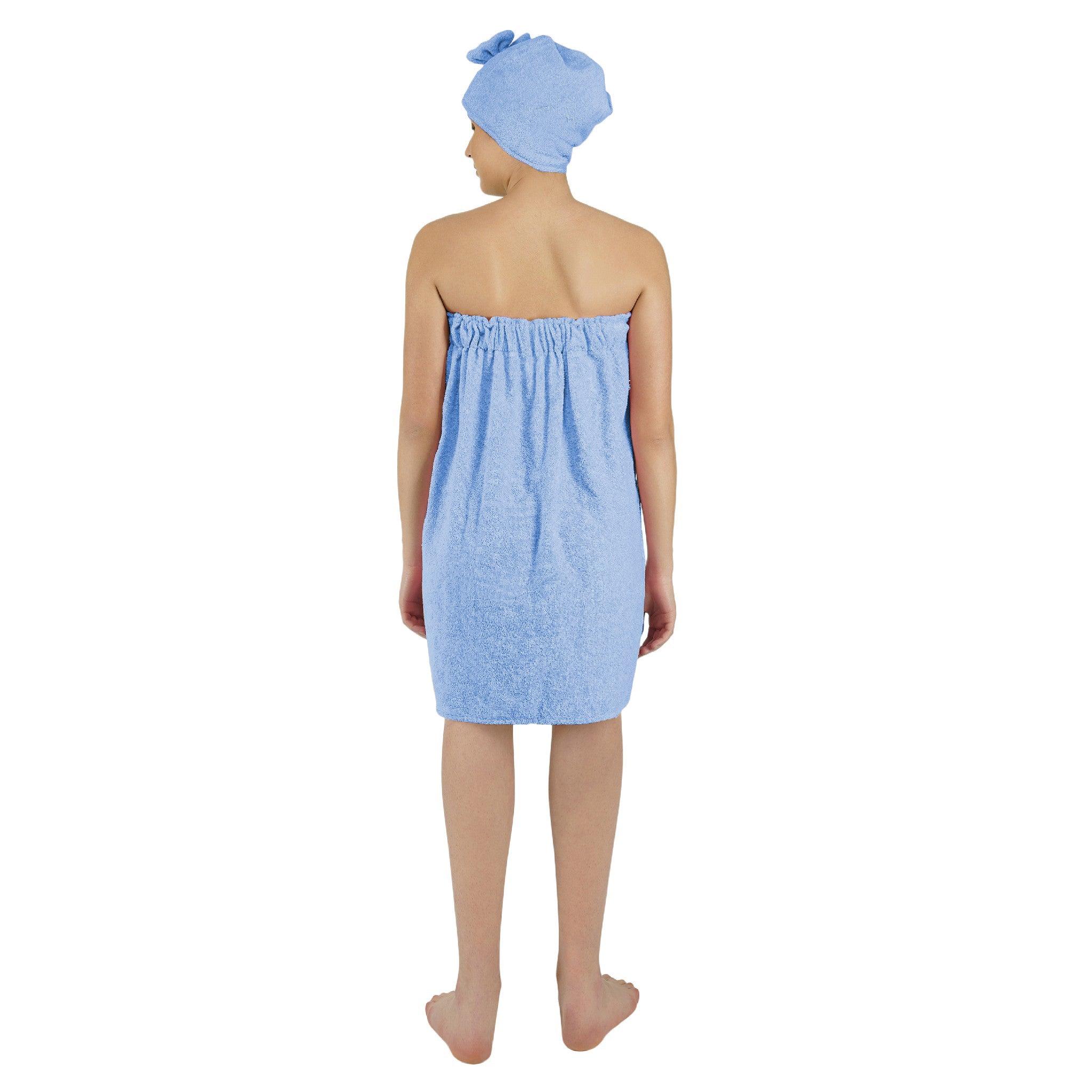 Women Cotton Body Wrap Bath Towel With Shower Cap - Blue - Rangoli